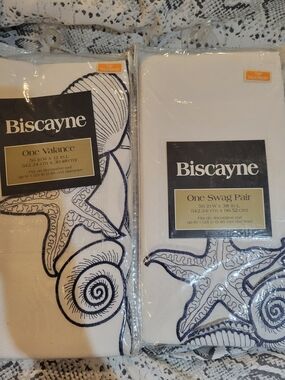 Biscayne White Valance & Swag Pair with Navy Embroidery